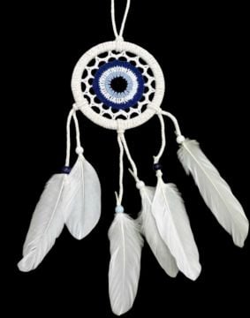 Mavi Boncuklu Tüylü Beyaz Rüya Kapanı Dream Catcher (40cm x 12cm)