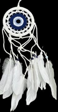 Mavi Boncuklu Beyaz Rüya Kapanı Dream Catcher (70cm x 21cm)