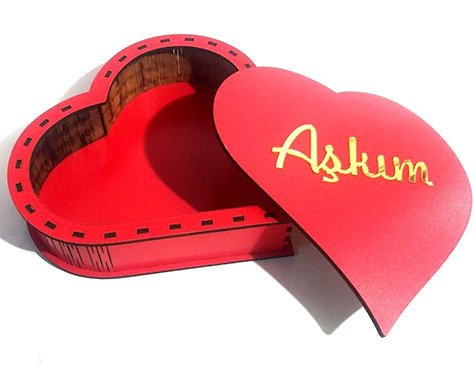 Pleksi Aşkım Yazılı Ahşap Kırmızı Kalp Hediye Kutusu