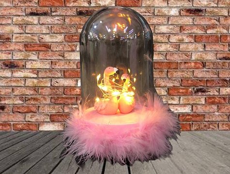 Fanus İçinde Led Işıklı Flamingo Çift Biblo