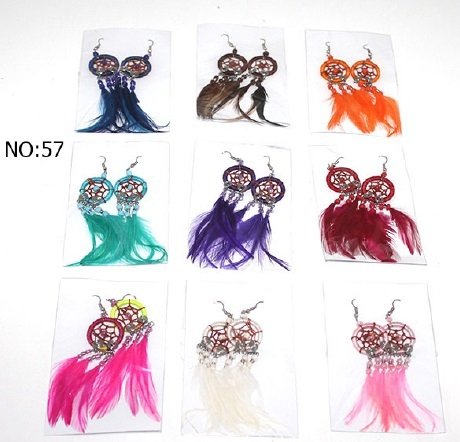Dream Catcher Renkli Tüylü Modelli Küpe Düş Kapanı
