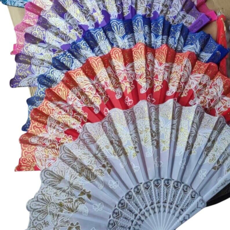 Çiçekli Plastik Saplı Kumaş Yelpaze (12 Adet)