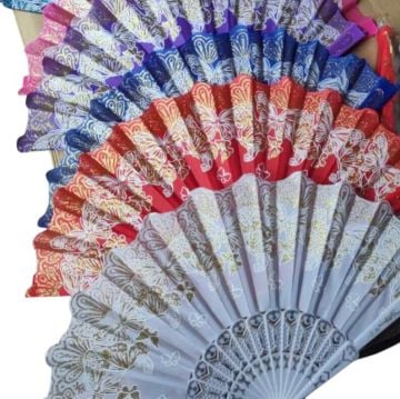 Çiçekli Plastik Saplı Kumaş Yelpaze (12 Adet)