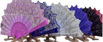 Renkli Desenli Plastik Saplı Kumaş Yelpaze (12 Adet)