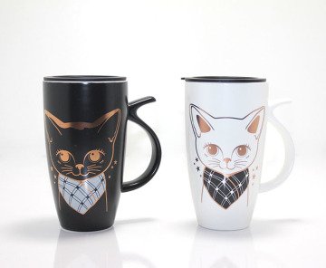 Kedi Tasarım Porselen Kapaklı Kupa Bardak