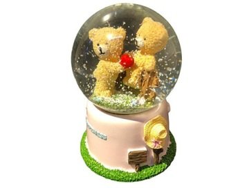 Romantik Sevgili Ayı Temalı Işıklı Dekoratif Müzikli Cam Kar Küresi