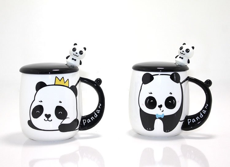 Panda Tasarım Kapaklı Kaşıklı Porselen Kupa Bardak