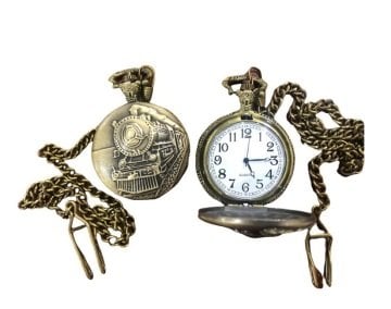 Antika Tren Kabartmalı Köstekli Cep Saati