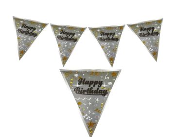 Happy Birthday Gümüş Yıldızlı Üçgen Flama Bayrak
