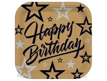 Happy Birtday Gold Kare Karton Tabak (8 Adet)