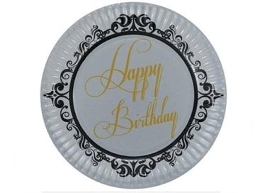 Happy Birtday Elegant Yuvarlak Karton Tabak (8 Adet)