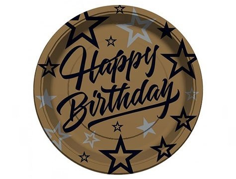 Happy Birtday Gold Yuvarlak Karton Tabak (8 Adet)