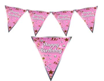 Happy Birthday Pembe Yıldızlı Üçgen Flama Bayrak