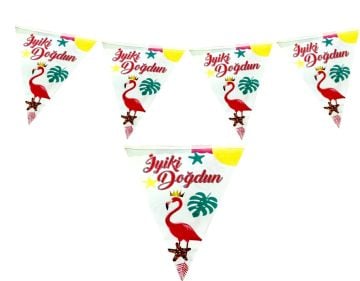 İyiki Doğdun Flamingo Tasarımlı Üçgen Flama Bayrak