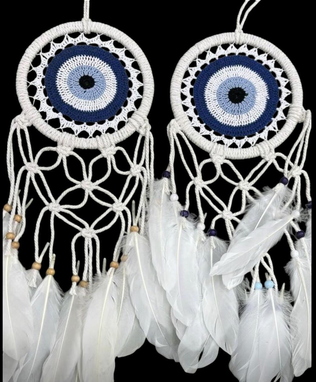 Mavi Beyaz Boncuklu Rüya Kapanı Dream Catcher (80cm x 18cm)