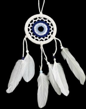 Mavi Boncuklu Tüylü Beyaz Rüya Kapanı Dream Catcher (60cm x 14cm)