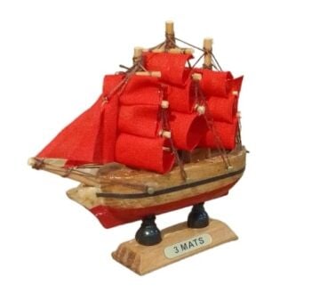 Kırmızı Yelkenli Dekoratif Ahşap Gemi Maketi