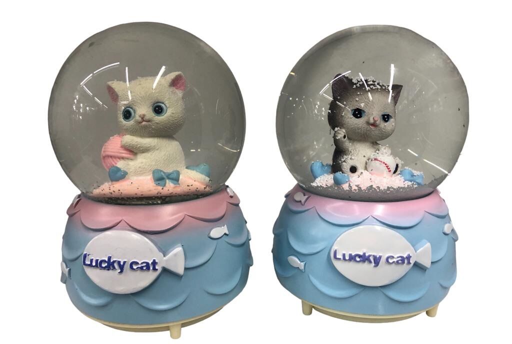 Kar Püskürten Işıklı Şanslı Kedi Müzikli Cam Kar Küresi