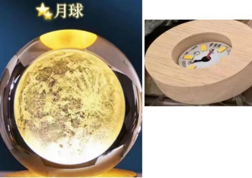 Dekoratif Ahşap Altlıklı Dolunay Temalı Işıklı Cam Küre (8 cm)
