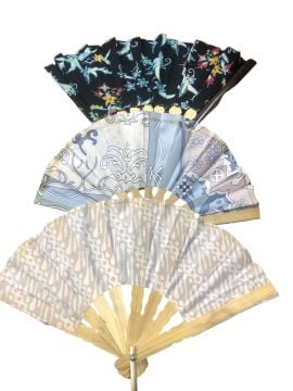 Bambu Çizgili Çiçekli Dekorlu Yelpaze (12 adet) (34 cm)
