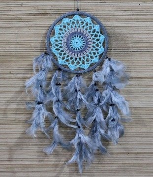 Mavi Tüylü Örgülü Rüya Düş Kapanı Dream Catcher (58 cm x 17 cm)