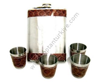 Deri İşlemeli Cep İçki Matarası Seti (5 Parça)