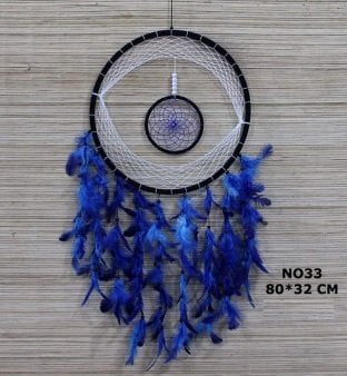 Masmavi Tüylü Boncuklu Halka Rüya Düş Kapanı Dream Catcher (80 cm x 32 cm)