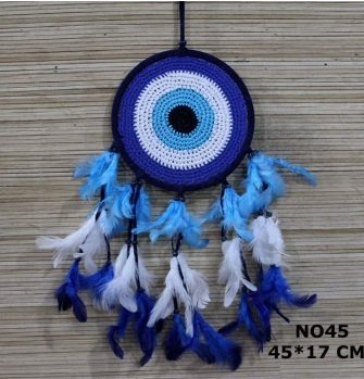 Mavi Beyaz Tüylü Dantelli Rüya Düş Kapanı Dream Catcher (45 cm x 17 cm)