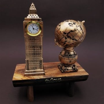 Dekoratif Ahşap Altlıklı London Saat Kulesi Ve Dünya Küresi