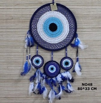 3 Küçük Halkalı Mavi Rüya Düş Kapanı Dream Catcher (80 cm x 33 cm)