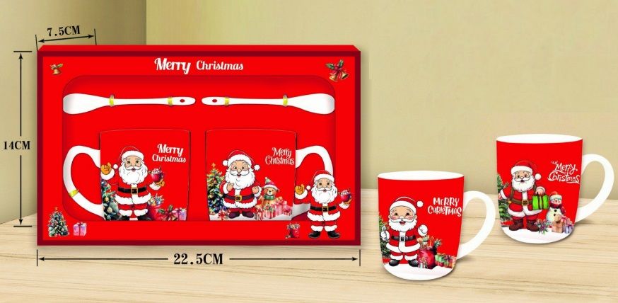 2'li Seramik Merry Christmas Noel Baba Kaşıklı Yılbaşı Kupa Bardak