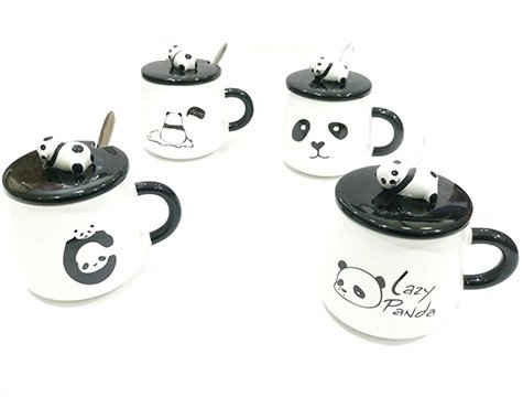 Sevimli Panda Tasarımlı Kaşıklı Kapaklı Kupa Bardak