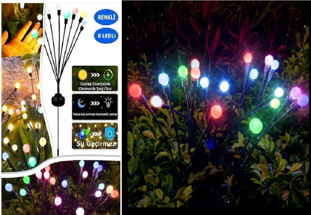 8 Led Rgb Güneş Enerjili Ateş Böceği Peyzaj Süs Çiçeği Lamba (2 Adet)