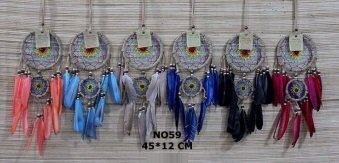 Sarı Motifli Renkli Tüylü Rüya Düş Kapanı Dream Catcher (45 cm x 12 cm)