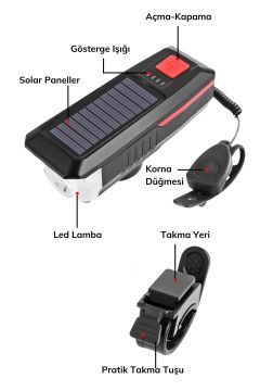 Güneş Enerji Solar Bisiklet Feneri & Kornası Usb Şarjlı