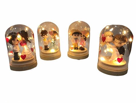 Aşk Temalı Cam Fanus İçinde Çift Led Işıklı Sevgili Hediyelik