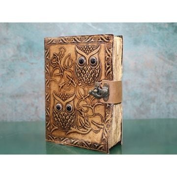 Baykuş Desenli Deri Eskitme Yaprak Defter