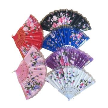Plastik Çiçekli Desenli Renkli Kumaş Yelpaze (12 Adet)