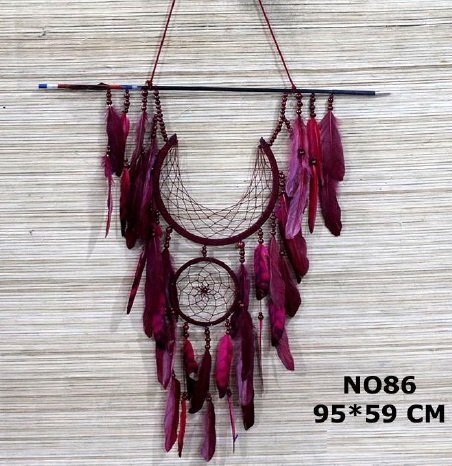 Bordo Boncuklu Tüylü Rüya Düş Kapanı Dream Catcher (95 cm x 59 cm)