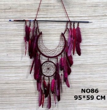 Bordo Boncuklu Tüylü Rüya Düş Kapanı Dream Catcher (95 cm x 59 cm)