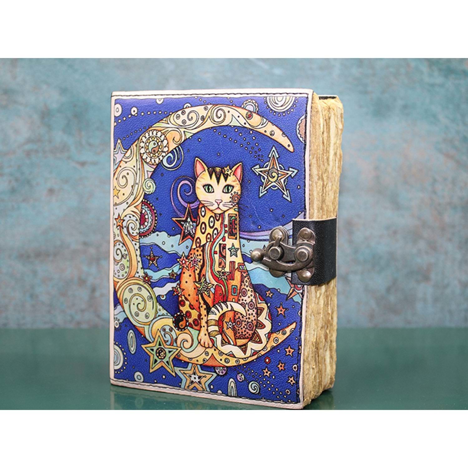 Hilal Ay Kedisi Desenli Deri Eskitme Yaprak Defter