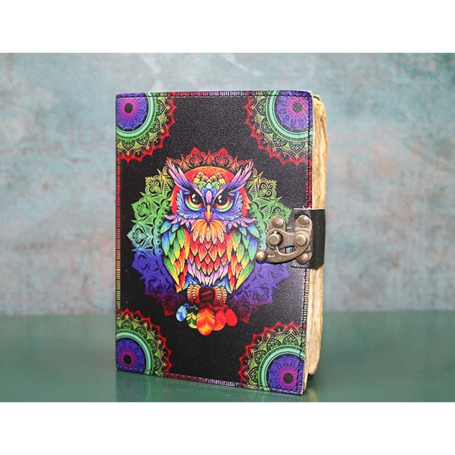 Renkli Baykuş Desenli Deri Eskitme Yaprak Defter