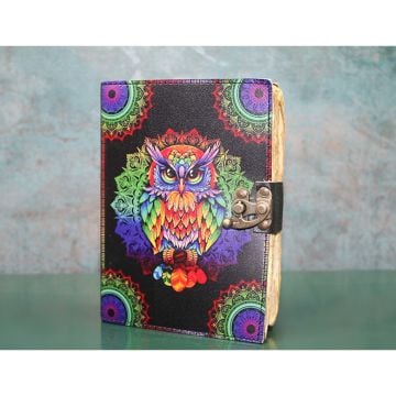 Renkli Baykuş Desenli Deri Eskitme Yaprak Defter