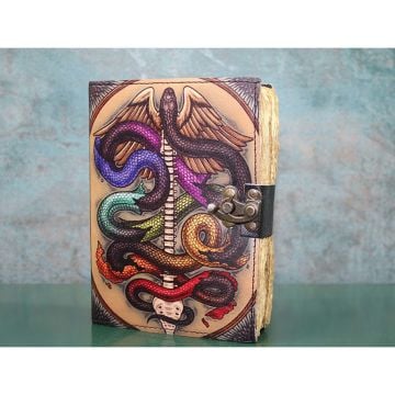 Kanatlı Yılan Desenli Deri Eskitme Yaprak Defter