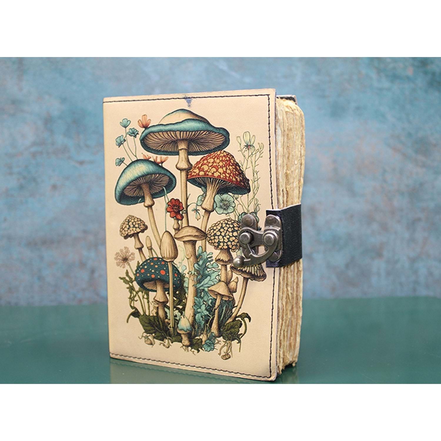 Mantar Desenli Deri Eskitme Yaprak Defter