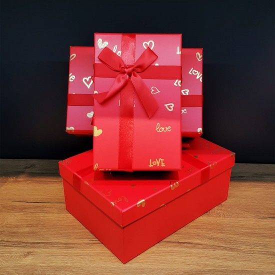 Kırmızı Love Kurdeleli Hediye Kutusu 3'lü Set