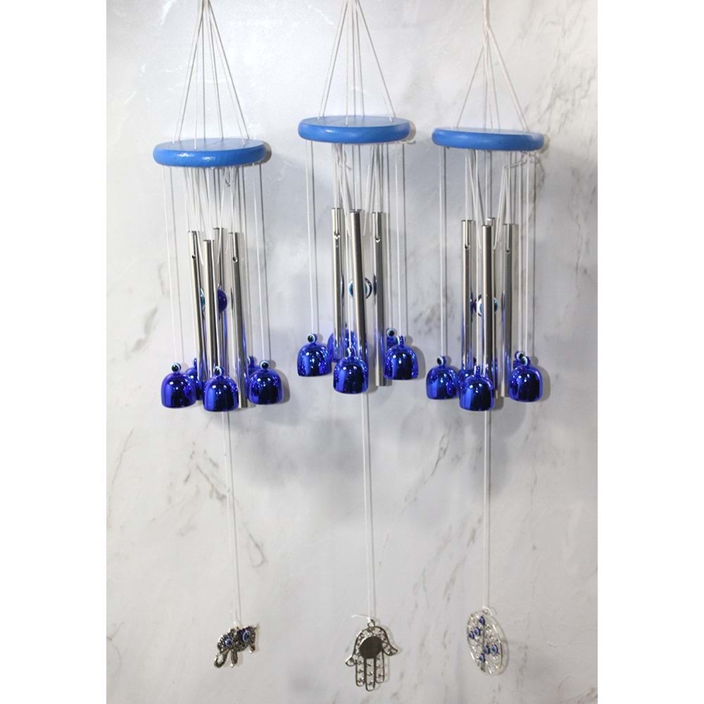 Nazar Boncuklu Mavi Tasarımlı Metal Rüzgar Çanı (55 cm)