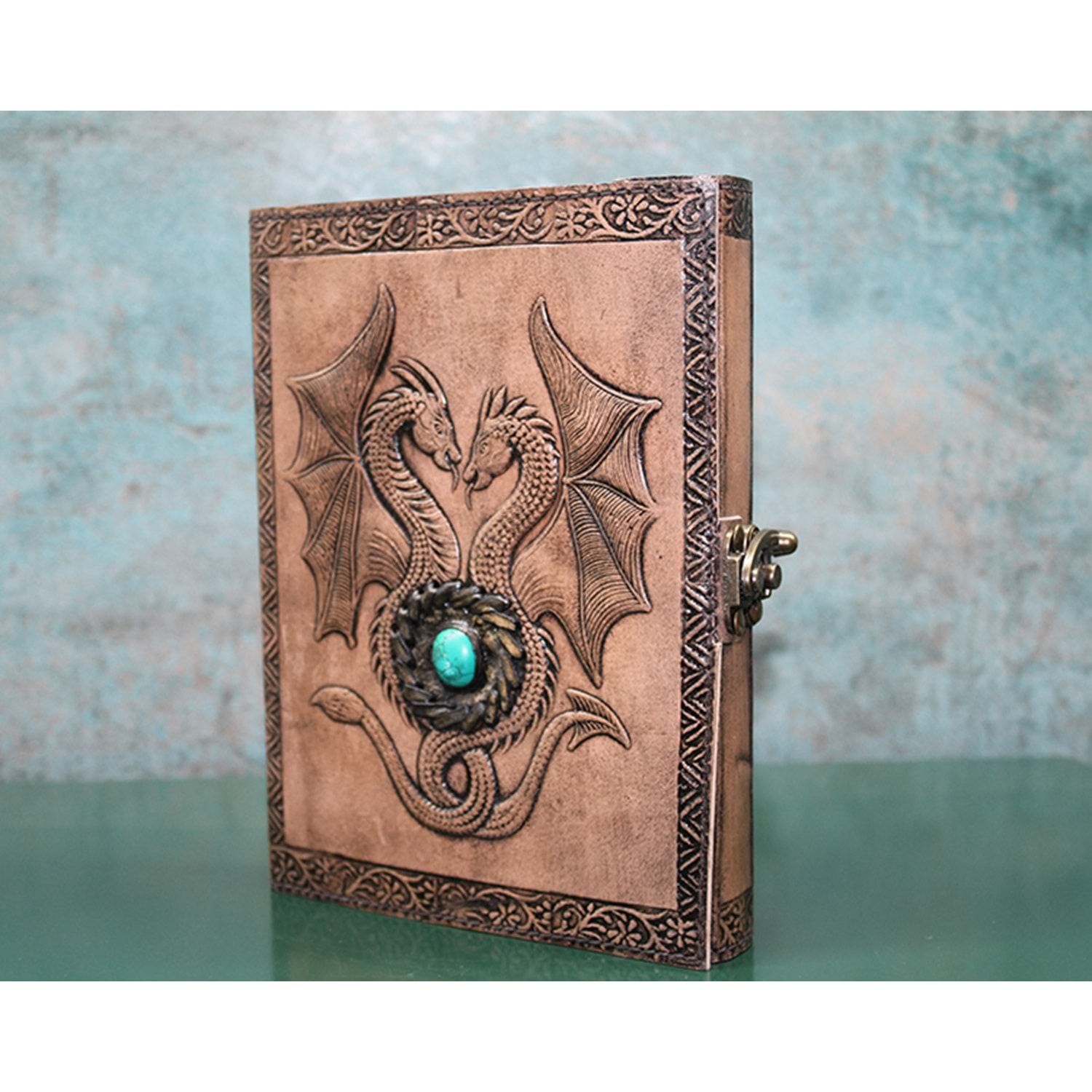 Ejderha Desenli Taşlı Deri Defter (20 cm x 15 cm)