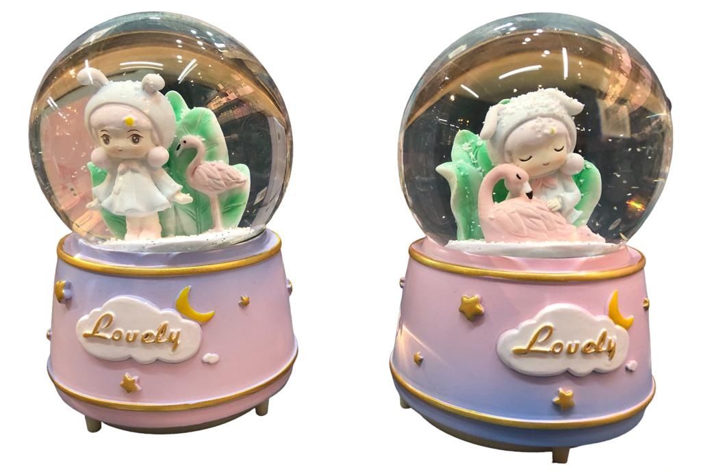 Işıklı Flamingo ve Kız Tasarım Püskürtmeli Müzikli Cam Kar Küresi