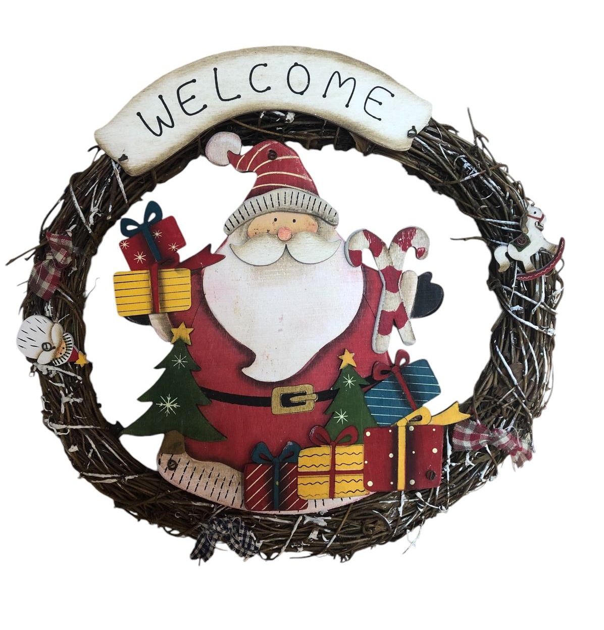 Ahşap Welcome Noel Baba Yılbaşı Çam Ağacı Kapı Duvar Süsü